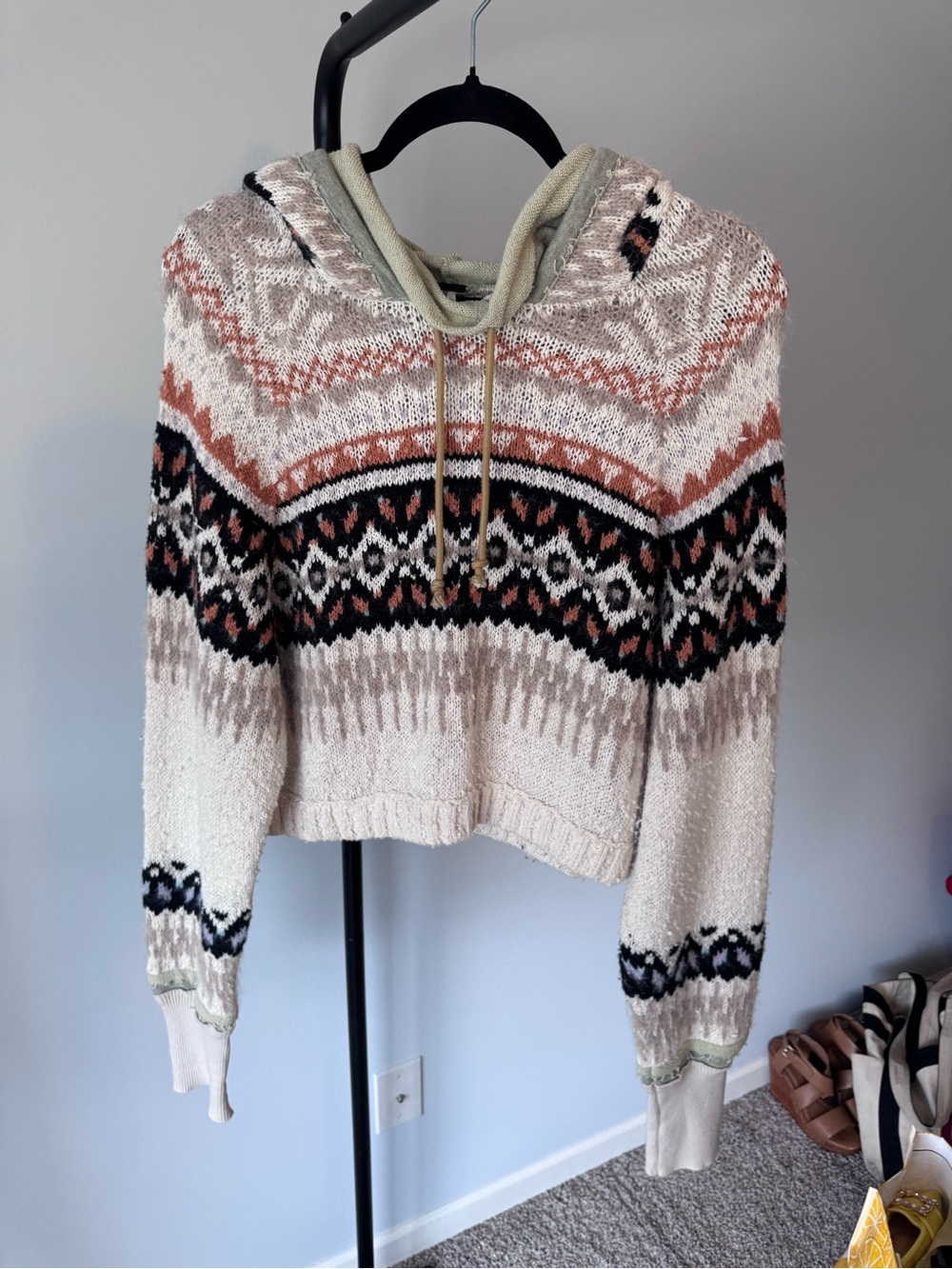 Free People Cream, Black & Rust Patterned Hooded Sweater